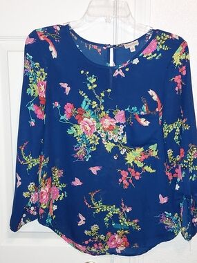 Floral Long-Sleeve Blouse - Navy with Pink Floral Print